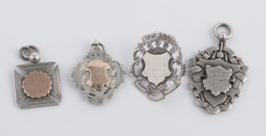 Various sporting fobs awarded in 1903, 1904, 1906 and 1932; mainly sterling silver, with a little 9ct gold. (4 items).