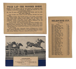 UNKNOWN MAKER: Circa 1932 series of cards (plain backs) in two sizes: the first (approx. 13 x 7.5cm) comprise of 9 different listing the details of winners between 1900 and 1931 in Australia's major races: Melbourne Cup, Sydney Cup, Brisbane Cup, A.J.C. D