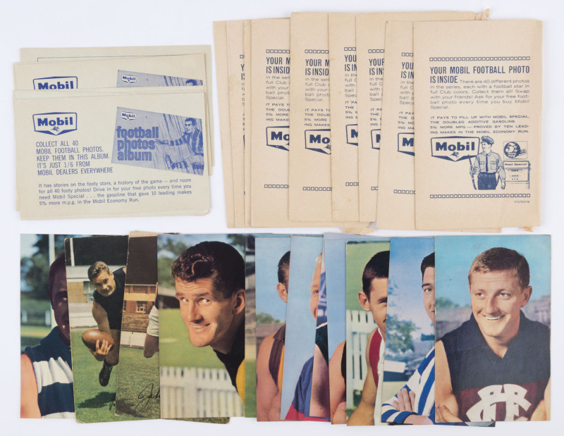 MOBIL FOOTBALL PHOTOS: A small group comprising of 10 of the 1964 Series and 2 of the 1965 Series, most accompanied by their original envelope and protective advertising sleeve. Mixed condition. (12 cards, 9 envelopes, 6 sleeves).