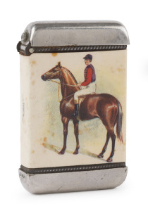 Vesta case with applied wrap-around image featuring a racehorse with jockey up on the front, "WITH COMPLIMENTS from DAVE REDDIE, Boulder. You stick to me and I'll stick to you." on the back. Small imprint on the side: Printed in England for Chas. Steele &