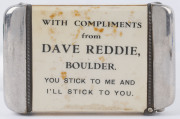 Vesta case with applied wrap-around image featuring a racehorse with jockey up on the front, "WITH COMPLIMENTS from DAVE REDDIE, Boulder. You stick to me and I'll stick to you." on the back. Small imprint on the side: Printed in England for Chas. Steele & - 2