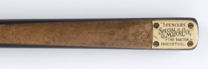 "Spencer's Special Match,The Barton, Bristol" cue, ash shaft with spliced ebony butt, birds-eye maple front splice; weight 16.5oz, length 57" (145cm), engraved ivory brand plate, soft vinyl cue case (with padlock & key), c. early 1940s.