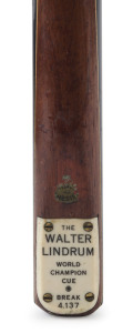 WALTER LINDRUM - CUE: "The Walter Lindrum World Champion Cue: Break 4137", with ash shaft and spliced ebony butt, engraved ivory brand plate; length 58" (148cm), weight 16.50 oz; soft vinyl cue case, c. early 1930s. Lindrum made his world record break of 4,137 against Joe Davies in London in 1932, occupying the table for 2 hours 55 minutes scoring approximately 1,900 consecutive scoring shots.