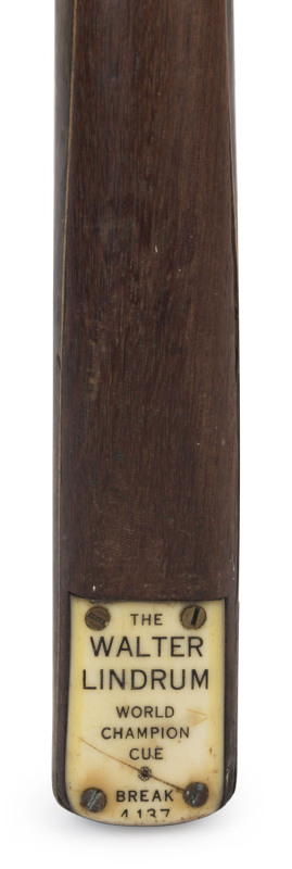 WALTER LINDRUM - CUE: "The Walter Lindrum World Champion Cue: Break 4137", ash shaft with spliced ebony butt, engraved ivory brand plate; length 57" (145cm), weight 17.50 oz; hard vinyl cue case, c.early 1930s.