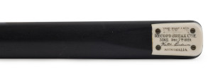 WALTER LINDRUM - CUE: "The World's Record Break Cue. 3262. Dec 7th 1929. Walter Lindrum Australia.", with ash shaft and spliced ebony butt, engraved ivory brand plate; length 58" (148cm), weight 17.50 oz; metal cue case, c. 1930.