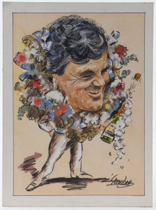 JOSEPH GREENBERG (1923 - 2007), "Alan Jones", mixed media on artist board, signed "Greenberg" lower right, 33.5 x 24cm.  The artwork for a full page illustration in "Your Sport" magazine.