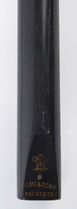 Orme & Sons (Manchester, England) cue, ash shaft with spliced ebony butt; length 58" (148cm), weight 16oz, with soft vinyl cue case.