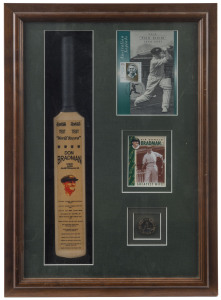 DON BRADMAN: display comprising signature on collector card, miniature Sykes cricket bat, philatelic maximum card, and a 20c coin featuring Bradman; window mounted, framed & glazed, overall 35x50cm.