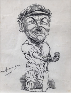 DON BRADMAN: pen & ink caricature image of a smiling Bradman holding bat and cricket ball, SIGNED BY BRADMAN at left; window mounted, framed & glazed, overall 30x37cm.