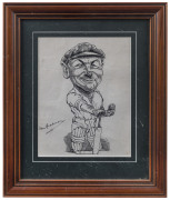 DON BRADMAN: pen & ink caricature image of a smiling Bradman holding bat and cricket ball, SIGNED BY BRADMAN at left; window mounted, framed & glazed, overall 30x37cm. - 2