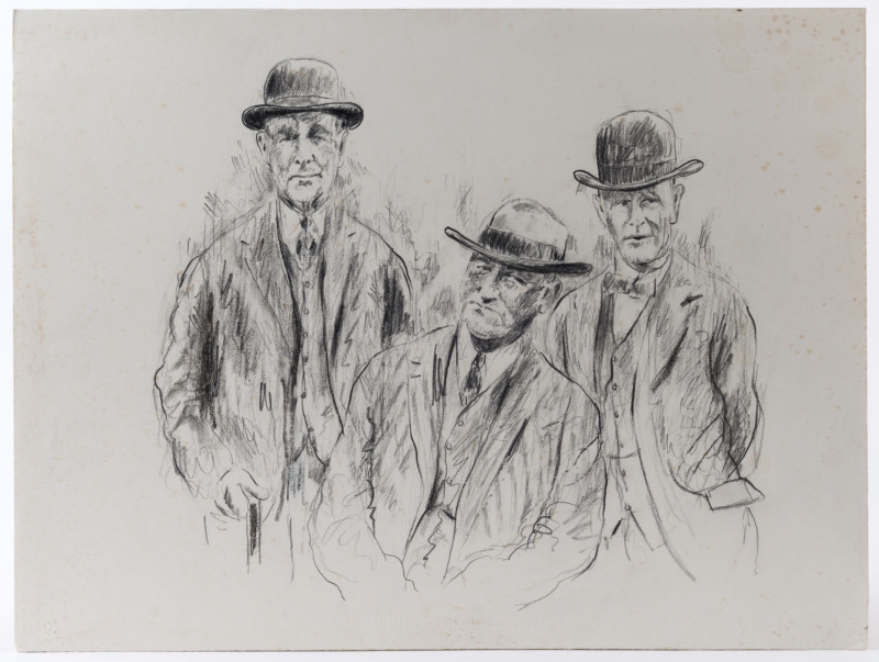 JOSEPH GREENBERG (1923 - 2007), "Trivalue - Melbourne Cup 1927", charcoal on cotton paper, circa 1985, titled to cover sheet, 46 x 61cm.  With the following details to the coversheet: "James Scobie: Trainer; Mr.E.E.D. Clarke: Owner; Bob Lewis: Jockey."