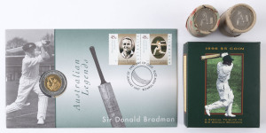 DON BRADMAN - COINS: 2001 'Remembering Bradman' two complete 20c Coin Rolls uncirculated (total 40 coins), also 1995 $5 proof in presentation box, and a 1997 Australian Legends PNC.