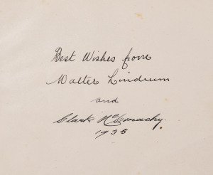 WALTER LINDRUM: autographs on 1935 dated piece along with that of New Zealand player Clark McConachy, on undated piece with that of arch rival Joe Davies, on the reverse of an 1942 Australian Tour postcard (stained) in support of the Red Cross & Comforts Fund and a copy of Tooheys publication "Billiards & Snooker" by Lindrum; also Horace Lindrum and Joe Davis signatures on a single piece plus "Janus" Billiard cloth advertising postcard featuring Lindrum