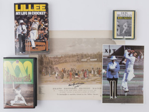 DENNIS LILLEE & DON BRADMAN: signature on large colour photo (19x27cm) of Lillee in his delivery stride and a signed hardback copy of his book "My Life in Cricket"; also DON BRADMAN: bold signature on 1957 reprint of the "Grand National Cricket Match" print, "Don Bradman Recalls" cassette tape (1984) and ABC video "The Bradman Era" as recalled by Bill O'Reilly (1984). (5 items)