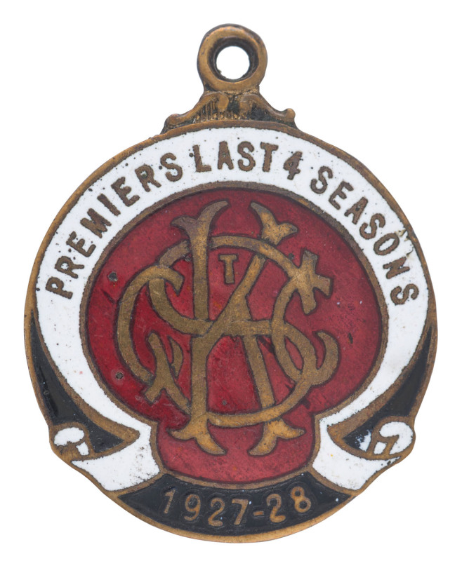 ST. KILDA CRICKET CLUB enamel and brass fob by Bridgland & King, No.852, for 1927-28 "PREMIERS LAST 4 SEASONS". Rare.