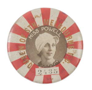 SOUTH MELBOURNE: 1933 badge with printed text in gold "QUEEN OF SOUTH MELBOURNE F.C." depicting "Miss Powell" in a stylish hat; the unique number "2435" is stamped in the blank tablet below. Evidently a fund-raiser for the club, this is the only example we have seen.