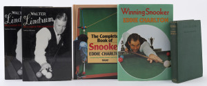 BILLIARDS & SNOOKER - LITERATURE: comprising hardbound "Billiards" by Walter Lindrum (1930), published by Methuen, scarce First Edition. Also two hardbound copies (with dustjackets) of "Walter Lindrum, Billiards Phenomenon" by Andrew Ricketts (1982), plus "Complete Book of Snooker" signed by author Eddie Charlton and "Winning Snooker with Eddie Charlton" signed by Charlton (twice) and by brother James Charlton & by Rex Williams. (5)