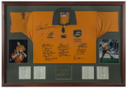 DAVID CAMPESE: display featuring Wallabies rugby jersey signed by "Campo" and fellow team members, including John Eales, Matthew Burke, Tim Horan & George Gregan, who played in his 100th Test Match game against Italy in 1996; framed & glazed, overall 118x