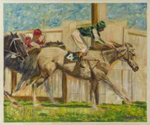 JOSEPH GREENBERG (1923 - 2007) "Baghdad Note winning the 1970 Melbourne Cup", oil and acrylic on canvas board, signed and dated "Greenberg '70" lower right, 37 x 44cm.