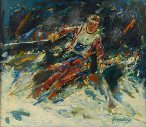 SNOW SKIING: JOSEPH GREENBERG (1923 - 20067) Giant Slalom, acrylic & oil on composition board, signed lower right, 61 x 67cm.