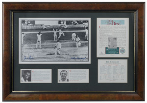 AUSTRALIA v WEST INDIES - "THE TIED TEST": display featuring animated image of the conclusion of this dramatic First Test Match of the 1960-61 series, signed by opposing captains Richie Benaud and Wes Hall; limited edition #765 of 1000, Price Waterhouse authenticated CofA; framed and glazed, overall 88x62cm.