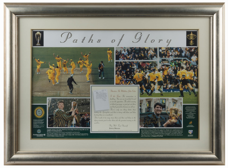 "PATHS OF GLORY": combined Cricket and Rugby Union display celebrating the 1999 Australian World Cup wins in both codes with Australia defeating Pakistan by 8 wickets in the Cricket World Cup Final and Australia defeating France 35-12 in the Rugby World C