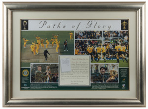 "PATHS OF GLORY": combined Cricket and Rugby Union display celebrating the 1999 Australian World Cup wins in both codes with Australia defeating Pakistan by 8 wickets in the Cricket World Cup Final and Australia defeating France 35-12 in the Rugby World Cup Final. The display features signed images of both victorious captains Steve Waugh and John Eales; limited edition #390 of 500, Price Waterhouse Coopers certified CofA; window mounted, framed & glazed, overall 80x60cm.