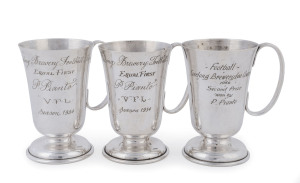 GEELONG FOOTBALL CLUB - PETER PIANTO: 1954 Geelong Brewery Football silver plate goblets comprising two trophies engraved 'Equal First/P.Pianto/V.F.L./Season 1954' and a 1956 trophy engraved 'Football/Geelong Brewery £100 Award/Second Prize/won by/P.Pianto'; some internal tarnishing, good condition overall. (3)
