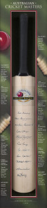 "AUSTRALIAN CRICKET MASTERS": full-size cricket bat signed by eleven Australian cricketers including six members of the 1948 "Invincibles". Signatures comprise Peter Burge, Neil Harvey, Colin McDonald, Alan Davidson, Sam Loxton, Bill Johnston, Richie Benaud, Norm O'Neill, Graham McKenzie, Bill Lawry & Bill Brown; limited edition #395 of 1000; window mounted, framed & glazed, overall 35x108cm. As new.