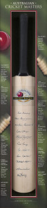 "AUSTRALIAN CRICKET MASTERS": full-size cricket bat signed by eleven Australian cricketers including six members of the 1948 "Invincibles". Signatures comprise Peter Burge, Neil Harvey, Colin McDonald, Alan Davidson, Sam Loxton, Bill Johnston, Richie Ben