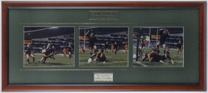 GEORGE GREGAN - 1994 BLEDISLOE CUP: "THAT TACKLE" display with a triptych of progressive images showing Gregan's miracle try-saving tackle on Jeff Wilson of the All Blacks, thus securing the Bledisloe Cup for Australia, GREGAN'S SIGNATURE on the third im