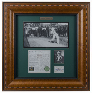 DON BRADMAN: display featuring image of Bradman in the nets, portrait image of a young Bradman in his Australian blazer and his signature on piece; limited edition #1849 of 2500, with CofA; framed & glazed, overall 53x46cm.