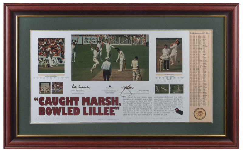 DENNIS LILLEE & ROD MARSH: "Caught Marsh, Bowled Lillee" limited edition lithographed print signed by Marsh & Lillee; numbered #609 of 1000, Price Waterhouse authenticated CofA; framed and glazed, overall 87x56cm.