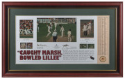 DENNIS LILLEE & ROD MARSH: "Caught Marsh, Bowled Lillee" limited edition lithographed print signed by Marsh & Lillee; numbered #609 of 1000, Price Waterhouse authenticated CofA; framed and glazed, overall 87x56cm.