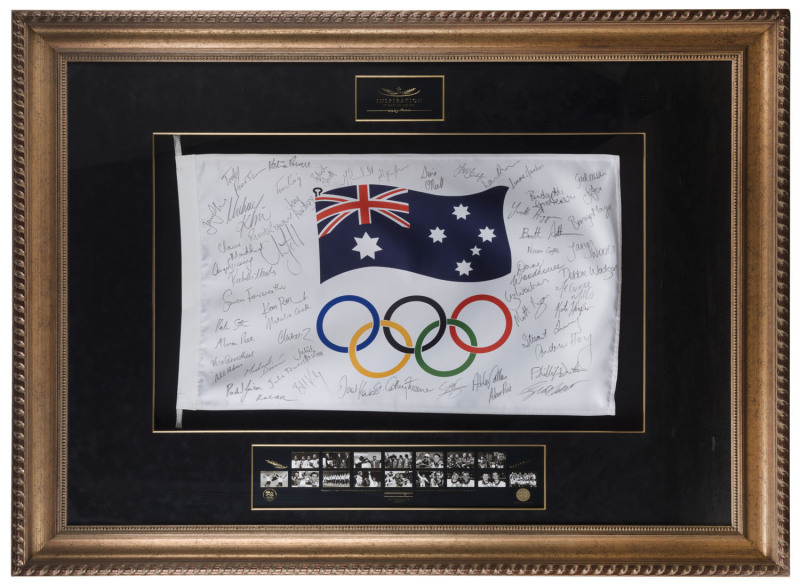 AUSTRALIAN SYDNEY GOLD MEDALLISTS: "Inspirations - 17 Days in Sydney" display featuring Australian Olympic Flag, signed by all 55 Australian gold medallists (individual & team members) including Cathy Freeman, Susie O'Niell and Kieren Perkins; limited edi