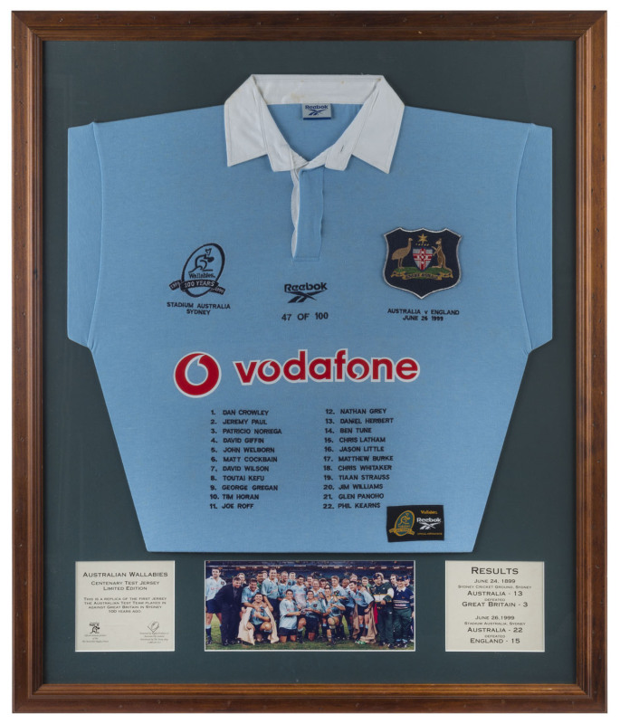 AUSTRALIA v ENGLAND - CENTENARY TEST JERSEY: limited edition display featuring jersey with the embroidered names of participating Australian players, numbered #47 of 100, framed & glazed, overall 84x100cm.