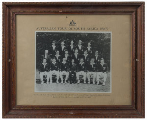 "AUSTRALIAN TOUR OF SOUTH AFRICA 1966/7": team photograph including Bob Simpson (Capt.), Bill Lawry (Vice-Capt.), Ian Chappell, Graham McKenzie, Keith Stackpole & Ian Redpath; framed & glazed, overall 45x38cm. Ex 'The Cricketers Bar', Windsor Hotel, Melbourne.