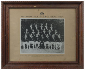 "AUSTRALIAN TOUR OF SOUTH AFRICA 1966/7": team photograph including Bob Simpson (Capt.), Bill Lawry (Vice-Capt.), Ian Chappell, Graham McKenzie, Keith Stackpole & Ian Redpath; framed & glazed, overall 45x38cm. Ex 'The Cricketers Bar', Windsor Hotel, Mel