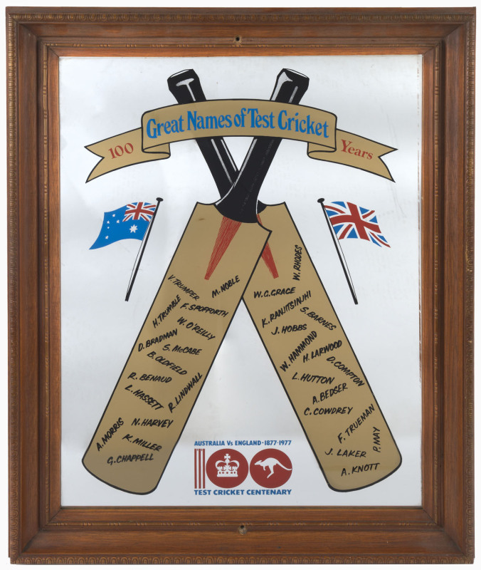 1877-1977 TEST CRICKET CENTENARY: "Great Names of Test Cricket: 100 Years" commemorative mirror emblazoned with crossed cricket bats showing the names of legendary Ashes cricketers; overall 47x62cm. Ex 'The Cricketers Bar', Windsor Hotel, Melbourne.