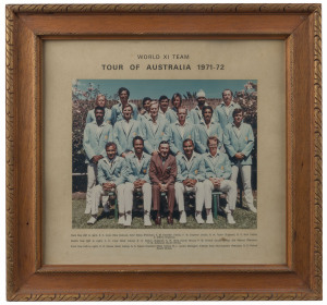 WORLD XI TEAM - TOUR OF AUSTRALIA 1971-72: colour team photograph including Gary Sobers (Capt., West Indies), Intikhab Alam (Vice-Capt, Pakistan), Graeme Pollock & Tony Grieg (both South Africa), Clive Lloyd & Rohan Kanhai (West Indies), Sunil Gavaskar & Bishen Bedi (India) Zahir Abbas (Pakistan), plus Tour Manager Bill Jacobs; framed & glazed, overall 40x38cm. The first example we can recall offering. Ex 'The Cricketers Bar', Windsor Hotel, Melbourne.