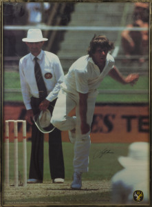 AUSTRALIAN CRICKETERS: large signed colour action prints of 1980s era Test player comprising Jeff Thomson, Graeme Wood, Kim Hughes & Alan Border; all framed, two with missing/damaged glazing, each 45x63cm; also large colour framed image (95x67cm) of c.1980 Australia v England Test Match showing Len Pascoe bowling a bouncer with Graeme Gooch looking on from the non-strikers end, and Benson & Hedges sponsor's framed poster (83x64cm) for 1983/64 "Thunder Down Under"