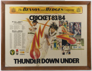 AUSTRALIAN CRICKETERS: large signed colour action prints of 1980s era Test player comprising Jeff Thomson, Graeme Wood, Kim Hughes & Alan Border; all framed, two with missing/damaged glazing, each 45x63cm; also large colour framed image (95x67cm) of c.198 - 2