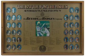 ENGLAND v AUSTRALIA: Benson & Hedges review of Australian home season framed promotional posters comprising 1877-1977 Centenary Test won by Australia, 1978-79 Ashes 6-Test Series won by England 5-1, and the 1882-1982 Centenary of the Ashes Test Series won by Australia 2-1; all framed, the former with cracked glazing, each 93x63cm. (3)