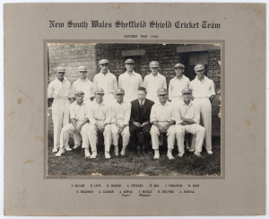 NEW SOUTH WALES SHEFFIELD SHIELD CRICKET TEAM - SOUTHERN TOUR 1930: The official NSW team photograph by Krischock, Adelaide, with Kippax as captain and McCabe, Jackson, Fairfax and Fingleton in the team. Laid down on the original backing card, overall 30 x 38cm. NSW won the match by an innings and 134 runs. Don Bradman made 258; Archie Jackson 166. Bill Hunt took 9 wickets and Bradman took 3. Provenance: From the estate of "Hal" Hooker, New South Wales.