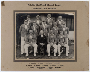 NEW SOUTH WALES SHEFFIELD SHIELD TEAM - Southern Tour 1929-30: The official NSW team photograph by Krischock, Adelaide, with Kippax as captain and Don Bradman next to him in the front row. Laid down on the original backing card, overall 30 x 38cm. While Victoria won the Shield, Bradman scored the most runs in the whole competition, 894. In the match in Adelaide, Bradman made a duck in the first innings and 84 in the 2nd. South Australia won by 5 wickets. Hooker took 4 wickets for the match.
