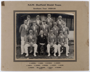 NEW SOUTH WALES SHEFFIELD SHIELD TEAM - Southern Tour 1929-30: The official NSW team photograph by Krischock, Adelaide, with Kippax as captain and Don Bradman next to him in the front row. Laid down on the original backing card, overall 30 x 38cm. While 