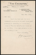 PELHAM WARNER, signed ALS headed "The Cricketer" and dated Feb.1925 in which he thanks the addressee (H.W. Timperley) for a crossword he had submitted and which would be included in the February issue of the magazine. 