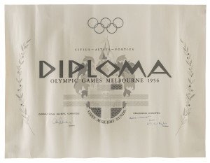 AWARD DIPLOMA: "Diploma OLYMPIC GAMES MELBOURNE 1956", unallocated, with the printed signatures of Avery Brundage, Robert Menzies and W.S. Kent-Hughes, overall 44 x 58cm. Rarely seen, either with the medal or without.
