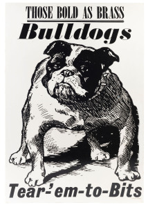 FOOTSCRAY: "Those Bold As Brass Bulldogs - Tear-'em-to-Bits" preliminary artwork proof in black & white, for an unissued poster for the Herald-Sun, to which a small copyright symbol and "1972 Joe Greenberg" has been added at lower right. 77 x 51cm. Believed to be unique; coming from the Estate of the artist who died in 2007.