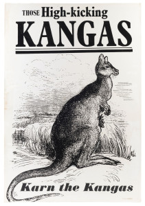 NORTH MELBOURNE: "Those High-kicking KANGAS - Karn the Kangas" preliminary artwork proof in black & white, for an unissued poster for the Herald-Sun, to which a small copyright symbol and "1972 Joe Greenberg" has been added at lower right. 77 x 51cm. Beli